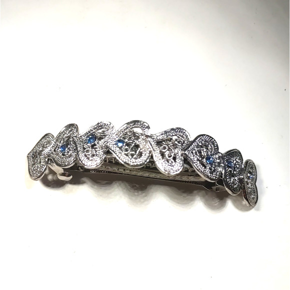 Hair Barrette Tension Clip Silver Tone Hearts Blue Purple Rhinestone 4" Long - Picture 2 of 7